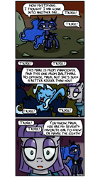 Size: 500x886 | Tagged: safe, artist:foudubulbe, maud pie, princess luna, trixie, alicorn, pony, unicorn, comic:damp rocks, :o, comic, eyes closed, female, lesbian, mare, mauxie, nightmare, open mouth, shipping, shivering, smiling, wide eyes