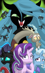 Size: 1200x1920 | Tagged: safe, artist:theroyalprincesses, derpibooru import, discord, queen chrysalis, starlight glimmer, thorax, trixie, changeling, changeling queen, pony, unicorn, to where and back again, faic, fangs, floppy ears, looking up, open mouth, raised hoof, reformed four, slit eyes, smiling, wavy mouth