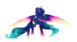 Size: 6000x3237 | Tagged: safe, artist:fuyusfox, princess luna, alicorn, pony, absurd resolution, ethereal mane, galaxy mane, looking back, rainbow power, rainbow power-ified, simple background, solo, transparent background