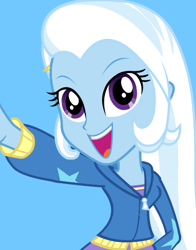 Size: 434x554 | Tagged: safe, derpibooru import, trixie, equestria girls, blue, blue background, cute, diatrixes, looking at you, official, simple background, smiling, solo