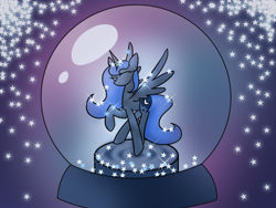 Size: 800x600 | Tagged: safe, artist:karlaandbliss, princess luna, alicorn, pony, lunadoodle, raised hoof, snow globe, solo, spread wings