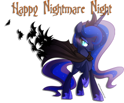 Size: 2313x1913 | Tagged: safe, artist:drawntildawn, princess luna, alicorn, bat, pony, bat cloak, cape, clothes, nightmare night, raised hoof, simple background, solo, transparent background