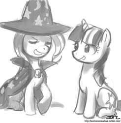 Size: 837x850 | Tagged: safe, artist:johnjoseco, derpibooru import, trixie, twilight sparkle, female, grayscale, lesbian, monochrome, shipping, twixie