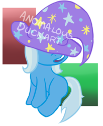 Size: 570x694 | Tagged: safe, artist:anomalousduckart, derpibooru import, trixie, pony, clothes, female, filly, hat, solo, trixie's hat, watermark, younger