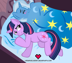 Size: 3498x3047 | Tagged: safe, artist:ladypixelheart, derpibooru import, trixie, twilight sparkle, bed, blushing, female, frown, lesbian, shipping, sleeping, smiling, twixie