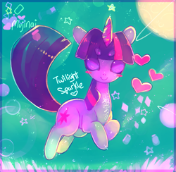 Size: 615x600 | Tagged: safe, artist:mujinai, derpibooru import, twilight sparkle, pony, unicorn, eyes closed, female, heart, mare, signature, solo