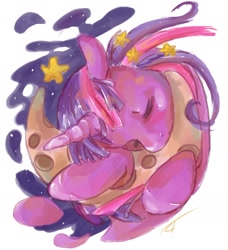 Size: 1524x1668 | Tagged: safe, artist:fyrecalla, derpibooru import, twilight sparkle, eyes closed, moon, solo, stars