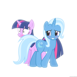 Size: 2500x2500 | Tagged: safe, artist:navitaserussirus, derpibooru import, trixie, twilight sparkle, blushing, female, lesbian, shipping, simple background, twixie, white background