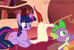 Size: 1800x1238 | Tagged: safe, artist:egophiliac, derpibooru import, spike, twilight sparkle, dragon, book, quill, scroll, writing