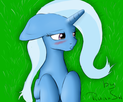 Size: 6000x5000 | Tagged: safe, artist:ruanshi, derpibooru import, trixie, pony, unicorn, absurd resolution, blushing, floppy ears, grass, lidded eyes, on back, open mouth, solo