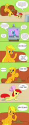 Size: 900x3838 | Tagged: safe, artist:doublewbrothers, derpibooru import, apple bloom, applejack, trixie, earth pony, pony, unicorn, bow, comic, comic sans, cowboy hat, dialogue, discrimination, female, filly, hair bow, hat, mare, mud pony, oh yeah, out of character, simpsons did it, slice of life, sofa, television, the simpsons, unicorn master race