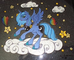 Size: 750x608 | Tagged: safe, artist:lilsugarberry, princess luna, alicorn, pony, cloud, s1 luna, solo, stars, traditional art