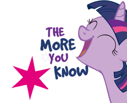 Size: 499x403 | Tagged: safe, derpibooru import, twilight sparkle, bust, eyes closed, happy, reaction image, simple background, smiling, solo, stars, text, the more you know