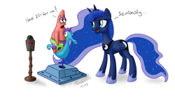 Size: 2000x1100 | Tagged: safe, artist:premann, princess luna, alicorn, pony, crossover, dialogue, dream walker luna, duo, kiddie ride, open mouth, patrick star, sleepy time, spongebob squarepants