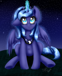 Size: 1700x2093 | Tagged: safe, artist:artyjoyful, princess luna, alicorn, pony, looking up, magic, s1 luna, sitting, solo