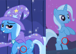 Size: 700x500 | Tagged: safe, derpibooru import, edit, edited screencap, screencap, trixie, pony, unicorn, boast busters, alternative cutie mark placement, animation error, cape, clothes, female, hat, inner thigh cutie mark, mare, raised hoof, rearing, solo, trixie's cape, trixie's hat