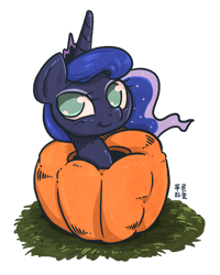 Size: 940x1174 | Tagged: safe, artist:mrs1989, princess luna, alicorn, pony, pumpkin, smiling, solo