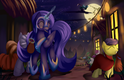 Size: 5100x3300 | Tagged: safe, artist:grennadder, princess luna, scootaloo, alicorn, pony, absurd resolution, clothes, costume, eyes closed, lollipop, magic, mare in the moon, moon, mouth hold, nicemare moon, night, nightmare luna, nightmare night, nightmare night costume, self paradox, smiling, telekinesis