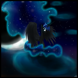 Size: 1340x1340 | Tagged: safe, artist:goforgold, nightmare moon, princess luna, alicorn, pony, cloud, cloudy, ethereal mane, moon, night, solo, stars