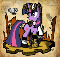 Size: 1793x1719 | Tagged: dead source, safe, artist:dagmlp, derpibooru import, twilight sparkle, unicorn twilight, pony, unicorn, clothes, female, goggles, head turn, mare, scarf, solo, standing, steampunk, three quarter view, white scarf