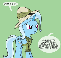 Size: 971x911 | Tagged: safe, artist:icesticker, derpibooru import, daring do, rainbow dash, trixie, pegasus, pony, :t, cropped, dialogue, green background, hat, offscreen character, simple background, solo, unamused