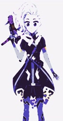 Size: 1730x3319 | Tagged: safe, artist:starwantrix, derpibooru exclusive, derpibooru import, edit, trixie, human, anime, clothes, cosplay, costume, cute, gun, humanized, overwatch, simple background, solo, sombra (overwatch), weapon, white background