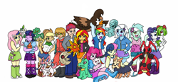 Size: 1280x592 | Tagged: safe, artist:jolliapplegirl, derpibooru import, applejack, bon bon, fluttershy, lyra heartstrings, pinkie pie, rainbow dash, rarity, sunset shimmer, sweetie drops, trixie, twilight sparkle, oc, equestria girls, boots, clothes, cowboy boots, cowboy hat, crossover, denim skirt, elgyem, floette, hat, herdier, high heel boots, hoodie, jacket, jewelry, kirlia, kricketune, leather jacket, leg warmers, lunatone, mane six, pansage, pokémon, rotom, shoes, skirt, socks, solrock, staravia, stetson, swirlix, sylveon, totodile