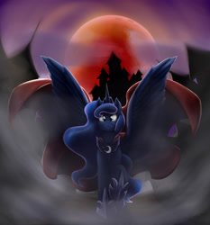 Size: 4232x4547 | Tagged: safe, artist:otakuap, princess luna, alicorn, pony, absurd resolution, blood moon, cape, clothes, cute, cute little fangs, fangs, fog, looking at you, mist, moon, raised hoof, solo, spread wings