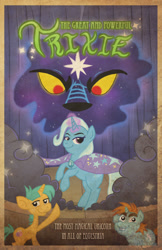 Size: 792x1224 | Tagged: safe, artist:detectivetoony, derpibooru import, snails, snips, trixie, pony, unicorn, ursa minor, boast busters, colt, female, male, mare, poster, rearing, stage