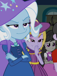 Size: 538x714 | Tagged: safe, derpibooru import, screencap, lavender lace, octavia melody, trixie, equestria girls, rainbow rocks, cropped, octavia is not amused, unamused