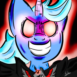 Size: 1000x1000 | Tagged: safe, artist:rickrick-mythos, derpibooru import, trixie, pony, unicorn, alicorn amulet, bust, evil grin, glowing eyes, grin, portrait, smiling, solo