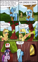 Size: 1910x3099 | Tagged: safe, artist:ciriliko, derpibooru import, applejack, trixie, twilight sparkle, earth pony, pony, bucking, buttstuck, comic, creeper, plot, seems legit, stuck, totally a tree