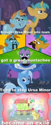 Size: 500x1214 | Tagged: safe, derpibooru import, edit, edited screencap, screencap, berry punch, berryshine, carrot top, golden harvest, snails, snips, spike, trixie, dragon, boast busters, magic duel, comic, moustache, text