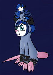 Size: 500x711 | Tagged: safe, artist:timid tracks, princess luna, tiberius, alicorn, pony, ask-luna-and-tiberius, clothes, costume, nightmare night, role reversal, simple background