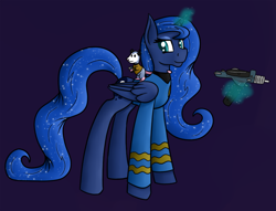 Size: 800x612 | Tagged: safe, artist:timid tracks, princess luna, tiberius, alicorn, pony, ask-luna-and-tiberius, clothes, costume, magic, nightmare night, phaser, simple background, star trek, star trek (tos), starfleet, telekinesis, type ii phaser (tos), uniform, weapon