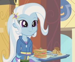 Size: 712x596 | Tagged: safe, derpibooru import, screencap, trixie, equestria girls, cropped, cute, diatrixes, food, sandwich, solo