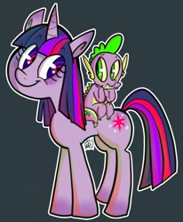 Size: 1057x1280 | Tagged: safe, artist:rfetus, derpibooru import, spike, twilight sparkle, dragon, pony, unicorn, duo, female, gray background, looking at each other, mare, outline, simple background, sitting on, sitting on pony, smiling, three quarter view, white outline