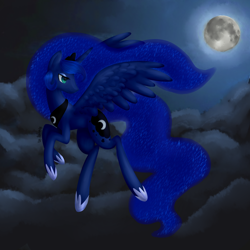 Size: 3000x3000 | Tagged: safe, artist:sannykat, princess luna, alicorn, pony, female, flying, full moon, jewelry, looking back, mare, moon, night, regalia, solo, spread wings, wings