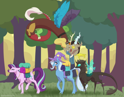 Size: 1280x1003 | Tagged: safe, artist:spartalabouche, derpibooru import, discord, starlight glimmer, thorax, trixie, changeling, pony, unicorn, to where and back again, bag, clothes, dock, ear fluff, floppy ears, flying, hat, looking at each other, looking back, open mouth, raised hoof, raised leg, reformed four, spread wings, tree, trixie's hat, walking