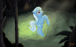 Size: 1280x800 | Tagged: safe, artist:rdksi, derpibooru import, trixie, pony, unicorn, crepuscular rays, female, forest, looking up, mare, rearing, solo