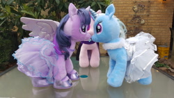 Size: 3264x1836 | Tagged: safe, derpibooru import, starlight glimmer, trixie, twilight sparkle, twilight sparkle (alicorn), alicorn, pony, boop, build-a-bear, clothes, female, irl, lesbian, marriage, noseboop, photo, plushie, shipping, twixie, wedding