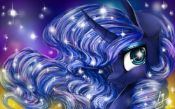 Size: 1280x800 | Tagged: dead source, safe, artist:flowerforce, princess luna, alicorn, pony, curved horn, smiling, solo