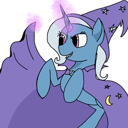 Size: 1280x1280 | Tagged: safe, artist:hufflepuffgirl-art, derpibooru import, trixie, pony, unicorn, cape, clothes, hat, magic, open mouth, rearing, simple background, smiling, solo, telekinesis, trixie's cape, trixie's hat, white background