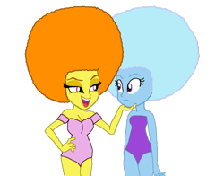 Size: 1010x792 | Tagged: safe, artist:ktd1993, derpibooru import, adagio dazzle, trixie, equestria girls, afro, clothes, female, lesbian, lidded eyes, looking at each other, open mouth, shipping, simple background, smiling, swimsuit, transparent background, triagio