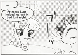 Size: 545x390 | Tagged: safe, princess luna, rarity, sweetie belle, alicorn, pony, unicorn, ..., dream walker luna, exploitable meme, female, filly, innocent innuendo, many many pony, mare, meme, mug, out of context, spit take