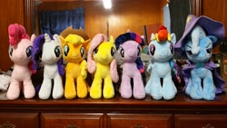 Size: 5312x2988 | Tagged: safe, derpibooru import, applejack, fluttershy, pinkie pie, rainbow dash, rarity, trixie, twilight sparkle, twilight sparkle (alicorn), alicorn, earth pony, pegasus, pony, unicorn, 4de, absurd resolution, collection, irl, photo, plushie