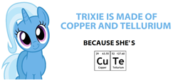 Size: 1192x538 | Tagged: safe, derpibooru import, trixie, pony, unicorn, c:, chemical bond, chemistry, chemistry joke, copper, copper and tellurium, cute, diatrixes, female, head tilt, looking at you, mare, periodic table, pun, simple background, smiling, solo, tellurium, white background