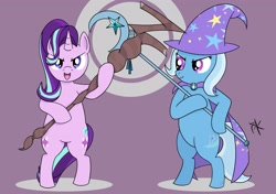 Size: 2893x2039 | Tagged: safe, artist:pony4koma, derpibooru import, starlight glimmer, trixie, pony, best friends, bipedal, both cutie marks, cape, clothes, evil, evil grin, grin, hat, looking at you, lord zedd, magic, mighty morphin power rangers, open mouth, pose, power rangers, reference, rita repulsa, s5 starlight, smiling, staff, staff of sameness, trixie's cape, trixie's hat, wand