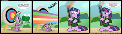 Size: 1600x456 | Tagged: safe, artist:epulson, derpibooru import, spike, twilight sparkle, dragon, comic, gun