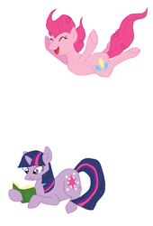 Size: 581x854 | Tagged: safe, artist:bibliodragon, derpibooru import, pinkie pie, twilight sparkle, earth pony, pony, book, falling